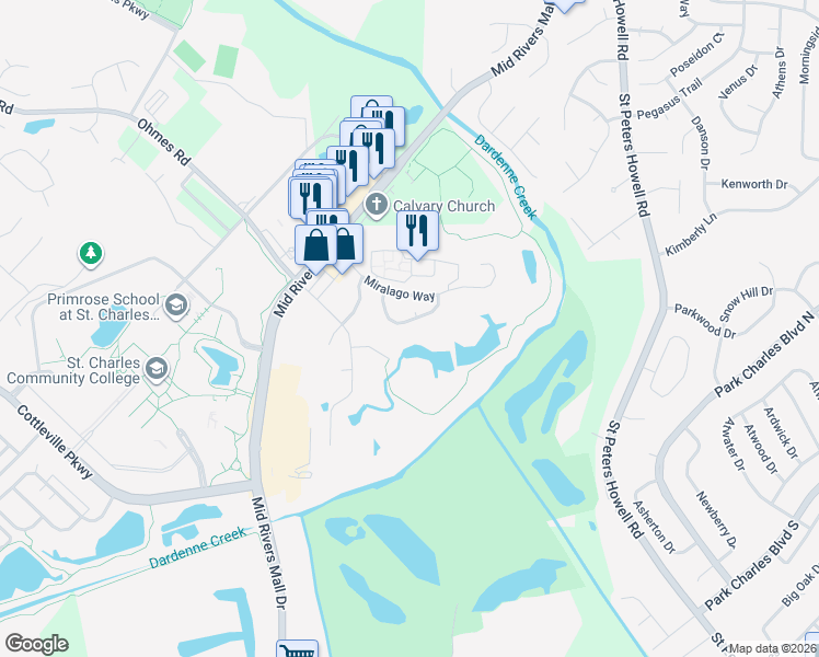 map of restaurants, bars, coffee shops, grocery stores, and more near 116 Vistalago Place in St. Peters