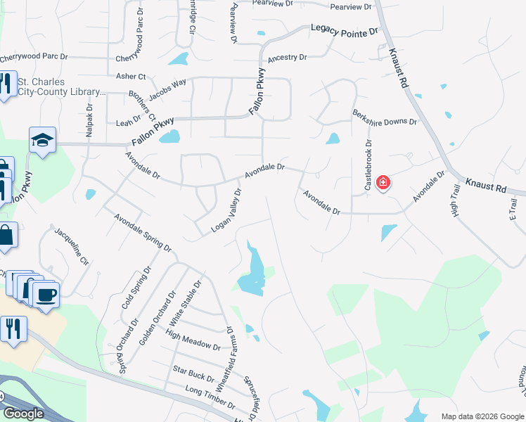 map of restaurants, bars, coffee shops, grocery stores, and more near 83 Lac Terre Drive in Saint Charles