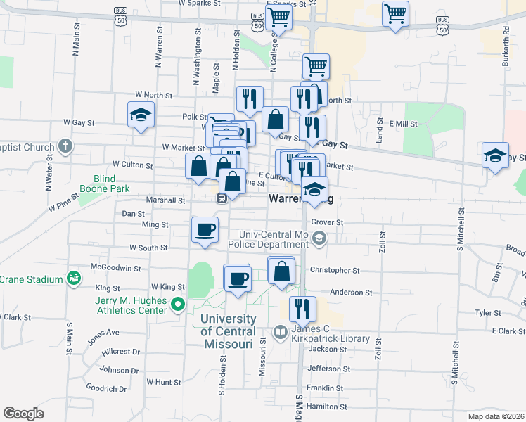 map of restaurants, bars, coffee shops, grocery stores, and more near 108 South College Street in Warrensburg