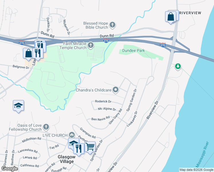 map of restaurants, bars, coffee shops, grocery stores, and more near 166 Monteith Circle in Saint Louis