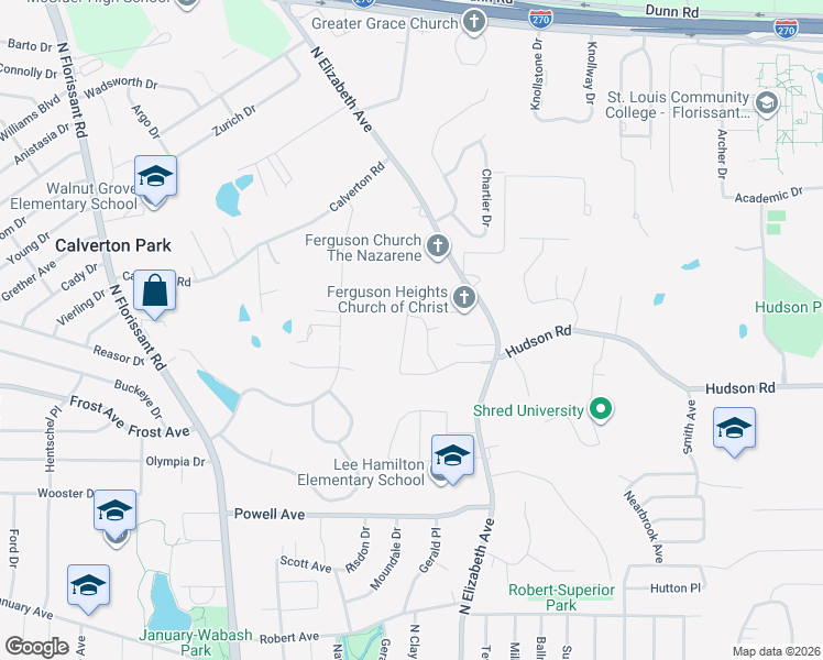 map of restaurants, bars, coffee shops, grocery stores, and more near 1217 Deer Ridge Drive in Ferguson