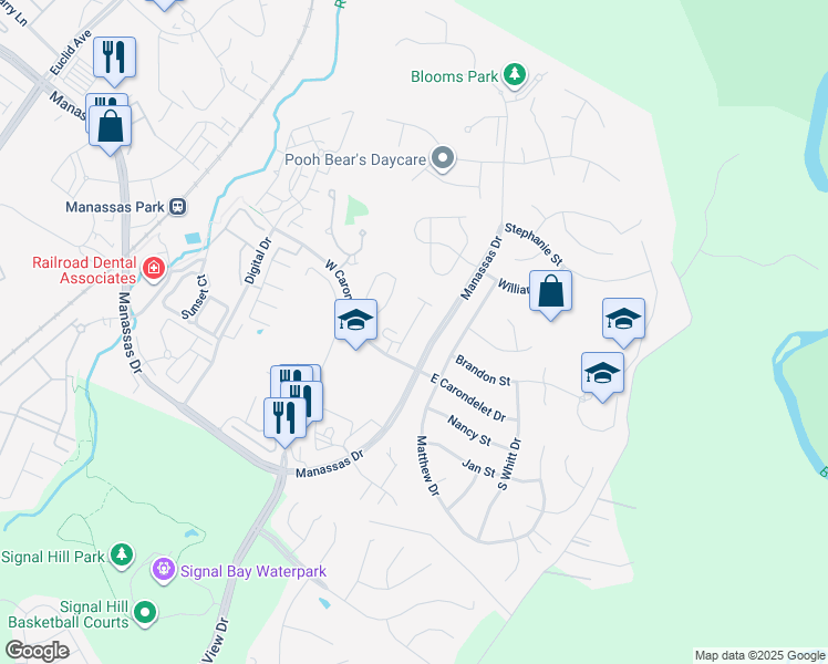 map of restaurants, bars, coffee shops, grocery stores, and more near 9423 Silver Meteor Court in Manassas Park