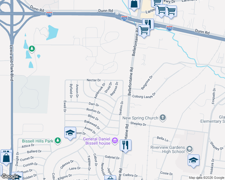 map of restaurants, bars, coffee shops, grocery stores, and more near 1124 Esquire Drive in St. Louis
