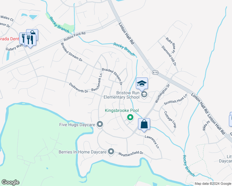 map of restaurants, bars, coffee shops, grocery stores, and more near 13480 Dodsworth Drive in Bristow