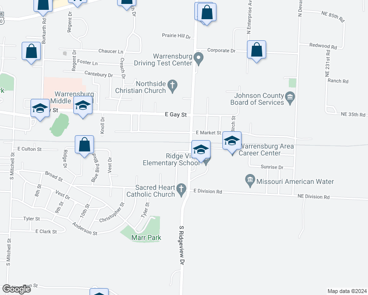 map of restaurants, bars, coffee shops, grocery stores, and more near 827 Sunflower in Warrensburg