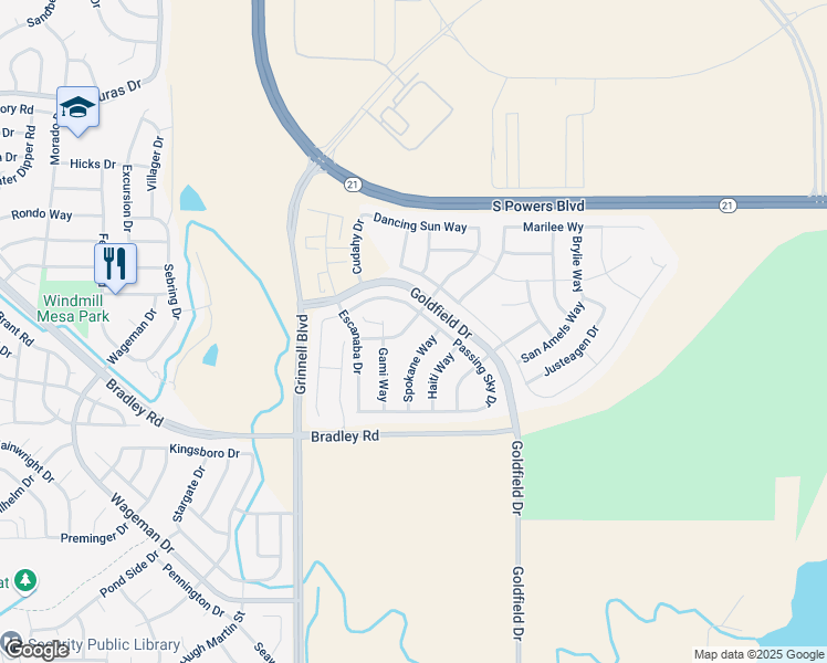 map of restaurants, bars, coffee shops, grocery stores, and more near 6161 Dancing Moon Way in Colorado Springs