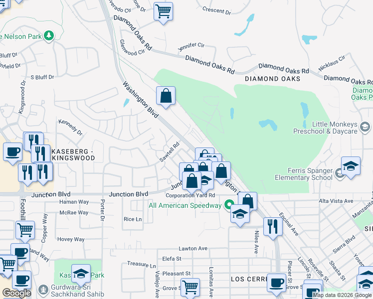map of restaurants, bars, coffee shops, grocery stores, and more near 1025 Rowan Street in Roseville