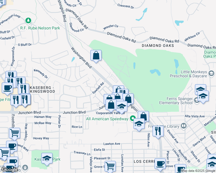 map of restaurants, bars, coffee shops, grocery stores, and more near 1224 Manza Circle in Roseville