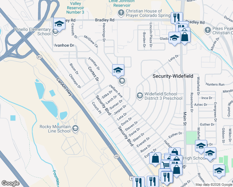 map of restaurants, bars, coffee shops, grocery stores, and more near 132 Sumac Drive in Colorado Springs