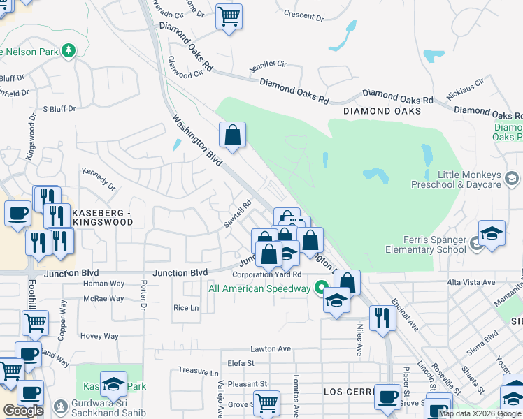 map of restaurants, bars, coffee shops, grocery stores, and more near 1025 Rowan Street in Roseville