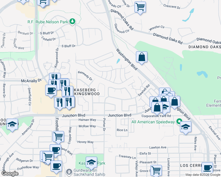 map of restaurants, bars, coffee shops, grocery stores, and more near 350 Sawtell Road in Roseville