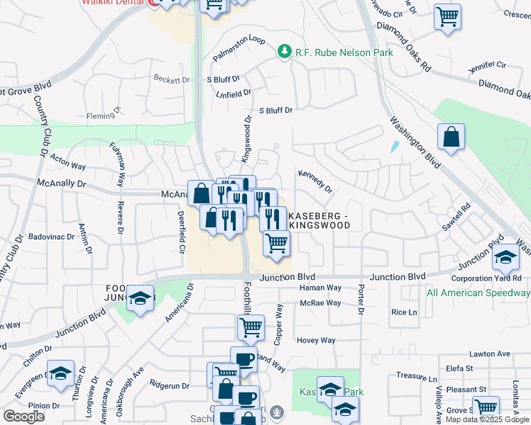 map of restaurants, bars, coffee shops, grocery stores, and more near 5121 Foothills Boulevard in Roseville