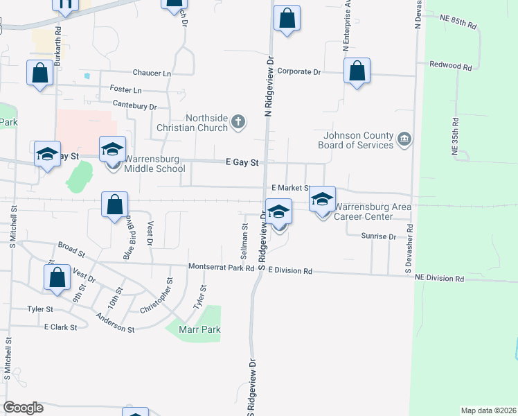 map of restaurants, bars, coffee shops, grocery stores, and more near 202 South Ridgeview Drive in Warrensburg