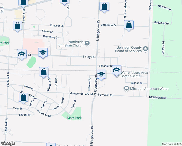 map of restaurants, bars, coffee shops, grocery stores, and more near 202 South Ridgeview Drive in Warrensburg
