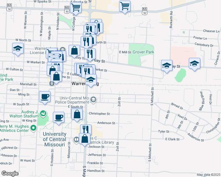 map of restaurants, bars, coffee shops, grocery stores, and more near 420 Grover Street in Warrensburg
