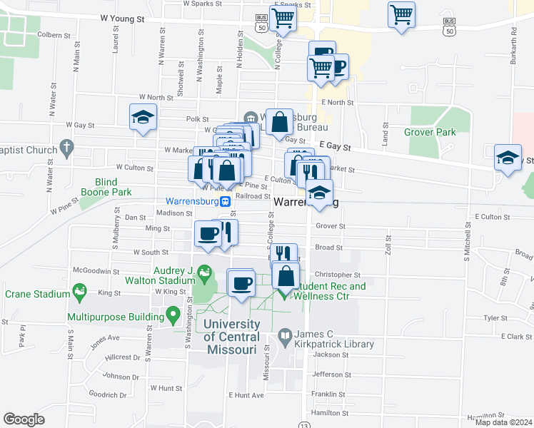 map of restaurants, bars, coffee shops, grocery stores, and more near 200 Grover Street in Warrensburg