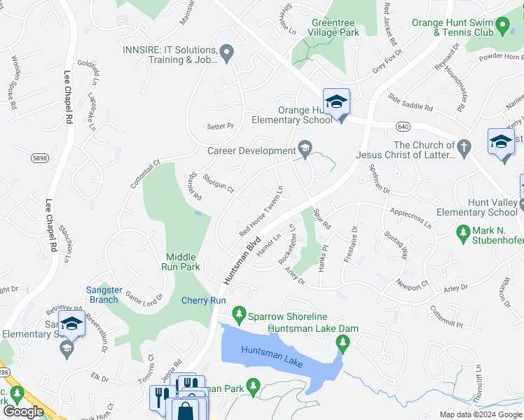 map of restaurants, bars, coffee shops, grocery stores, and more near 7124 Red Horse Tavern Lane in Springfield