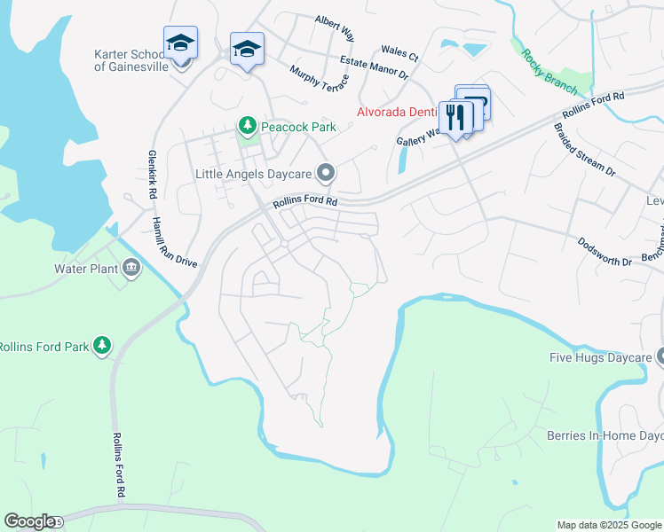 map of restaurants, bars, coffee shops, grocery stores, and more near 9024 Woodpecker Court in Gainesville
