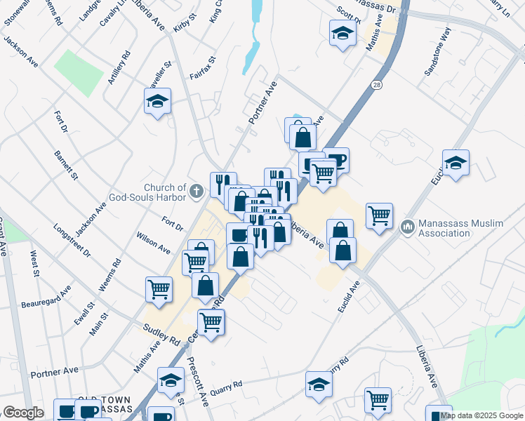 map of restaurants, bars, coffee shops, grocery stores, and more near 9230 Portner Avenue in Manassas
