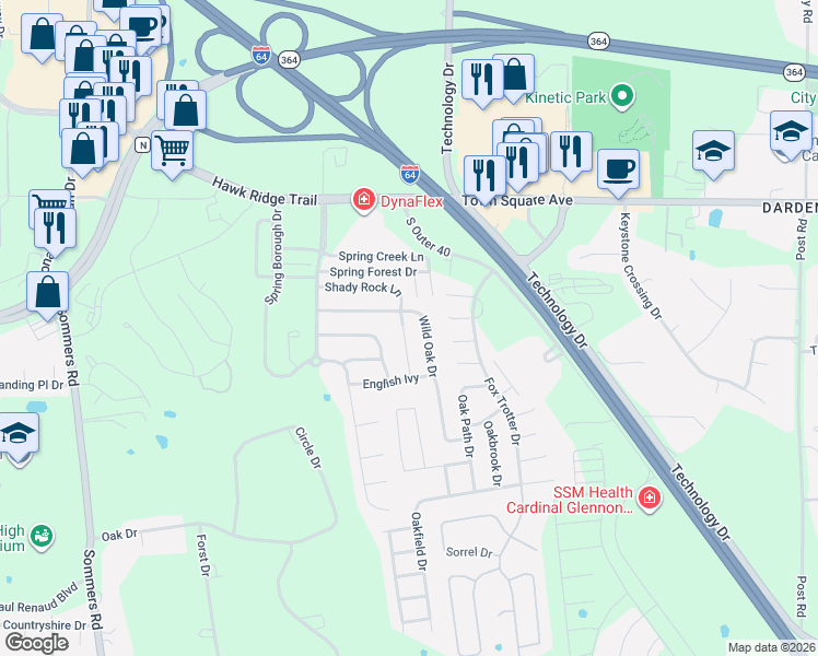 map of restaurants, bars, coffee shops, grocery stores, and more near 448 Wild Oak Drive in Dardenne Prairie