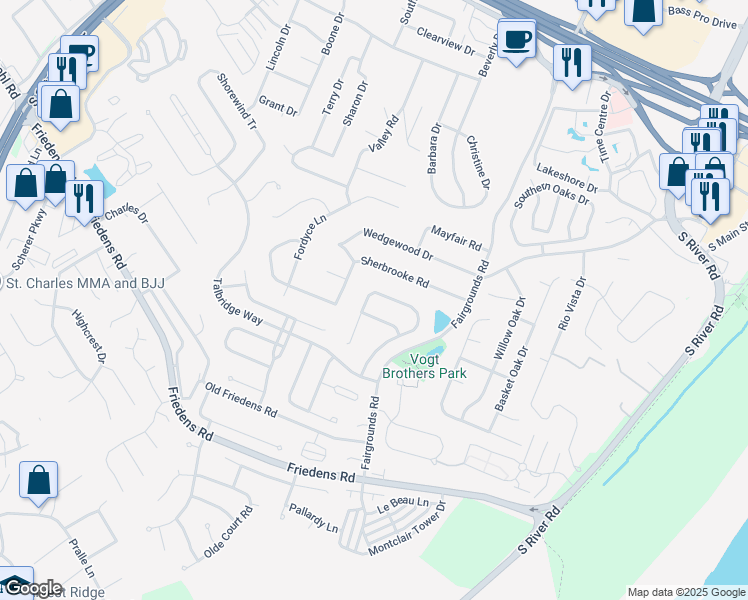 map of restaurants, bars, coffee shops, grocery stores, and more near 1016 Windward Psg in Saint Charles