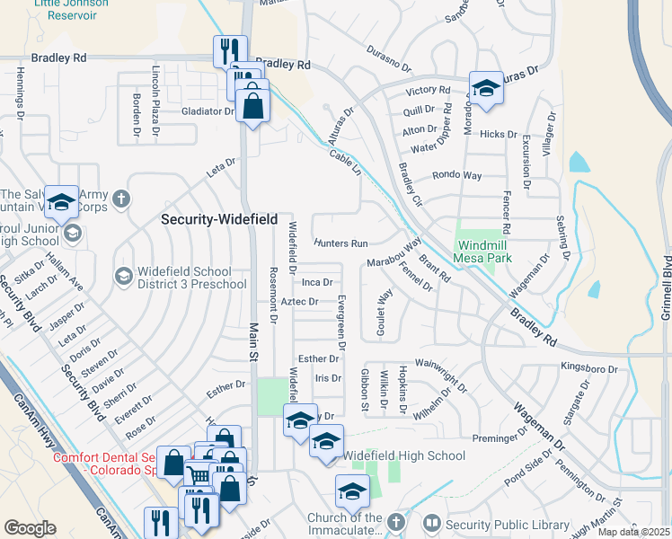 map of restaurants, bars, coffee shops, grocery stores, and more near 1504 Evergreen Drive in Colorado Springs