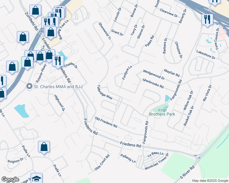 map of restaurants, bars, coffee shops, grocery stores, and more near 1304 Sherbrooke Road in Saint Charles