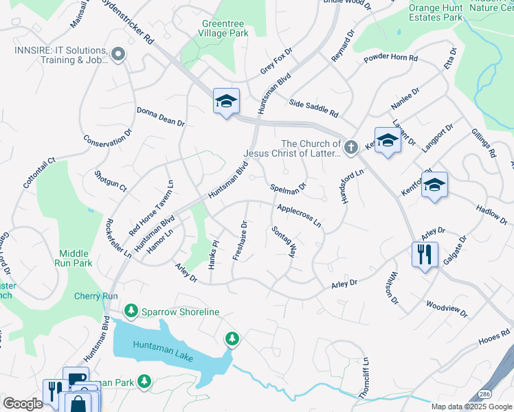 map of restaurants, bars, coffee shops, grocery stores, and more near 8909 Applecross Lane in Springfield