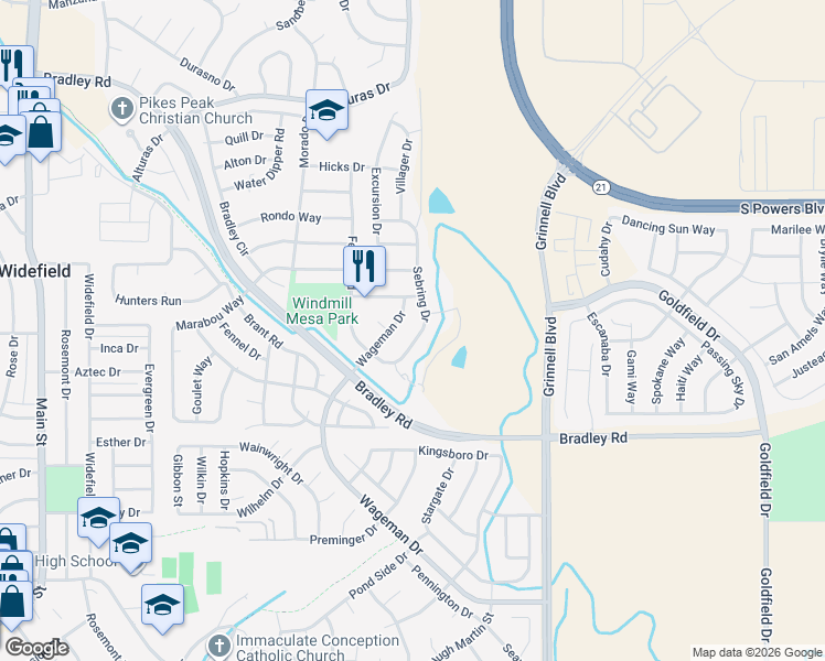 map of restaurants, bars, coffee shops, grocery stores, and more near 4940 Sebring Drive in Colorado Springs