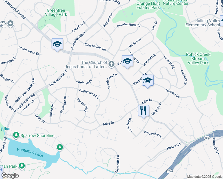 map of restaurants, bars, coffee shops, grocery stores, and more near 7103 Hundsford Lane in Springfield
