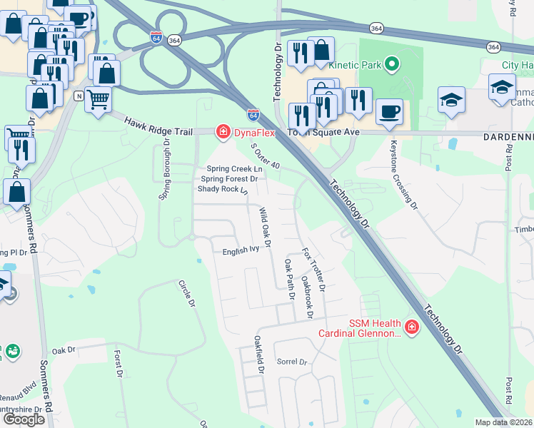 map of restaurants, bars, coffee shops, grocery stores, and more near 15203 Spring Creek Lane in O'Fallon