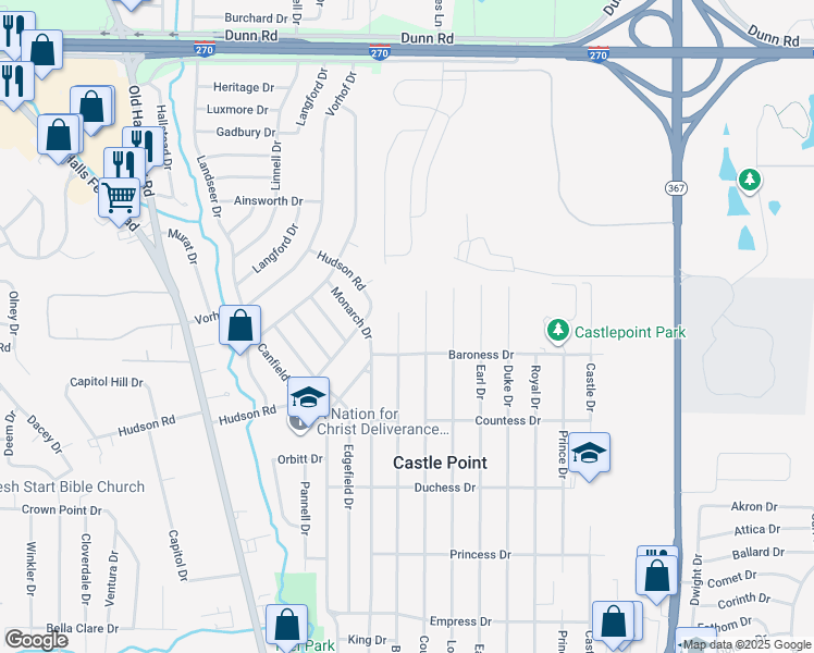 map of restaurants, bars, coffee shops, grocery stores, and more near 10520 Baron Drive in Saint Louis