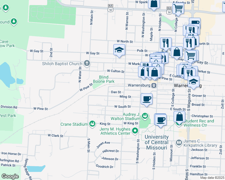 map of restaurants, bars, coffee shops, grocery stores, and more near 323 Dan Street in Warrensburg