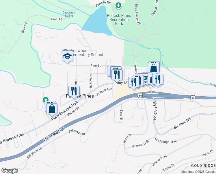 map of restaurants, bars, coffee shops, grocery stores, and more near 6387 Pony Express Trail in Pollock Pines