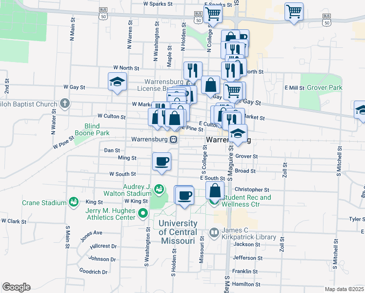map of restaurants, bars, coffee shops, grocery stores, and more near 117 Railroad Street in Warrensburg