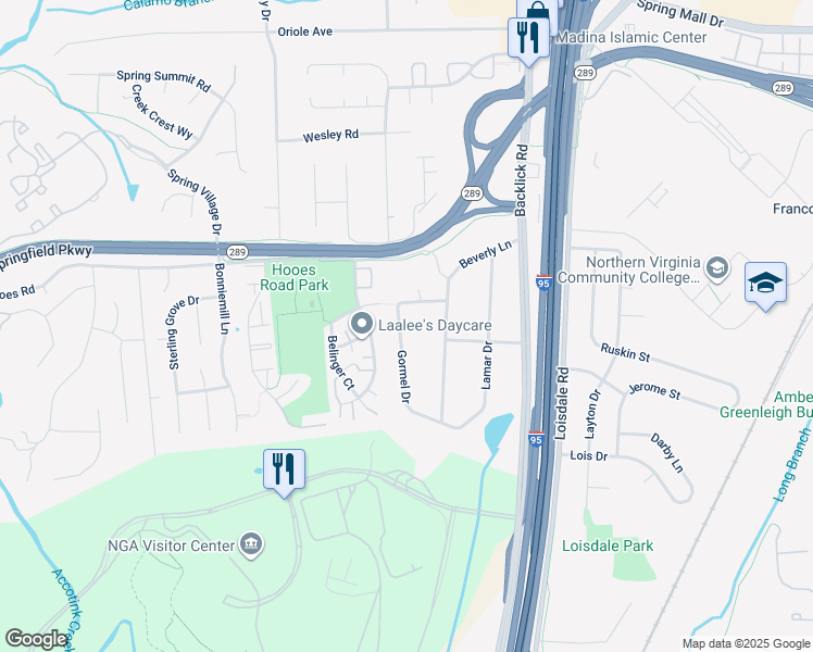 map of restaurants, bars, coffee shops, grocery stores, and more near 7131 Gormel Drive in Springfield