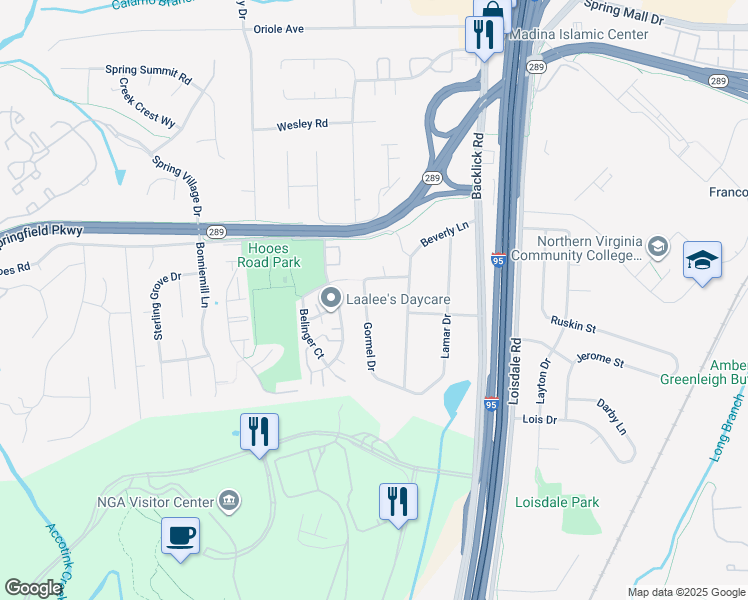 map of restaurants, bars, coffee shops, grocery stores, and more near 7131 Gormel Drive in Springfield
