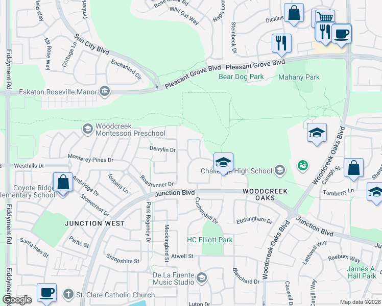 map of restaurants, bars, coffee shops, grocery stores, and more near 1732 Glastonbury Circle in Roseville