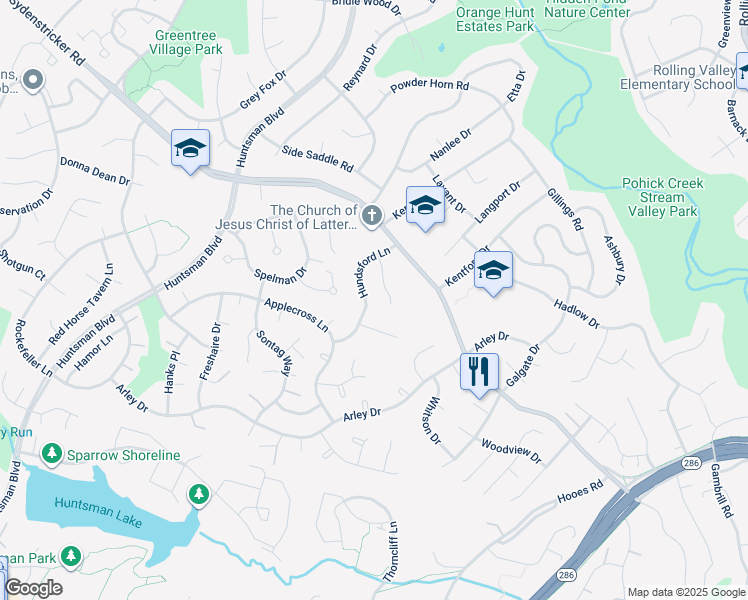 map of restaurants, bars, coffee shops, grocery stores, and more near 7103 Hundsford Lane in Springfield