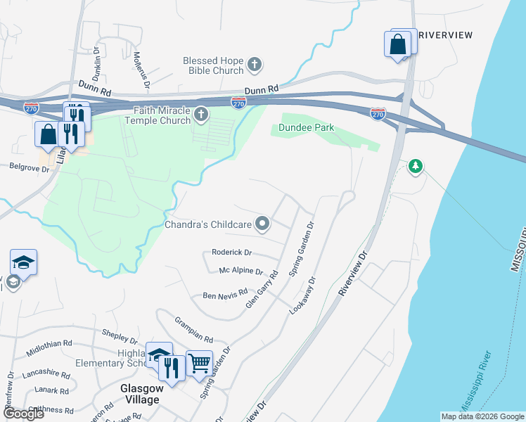 map of restaurants, bars, coffee shops, grocery stores, and more near 10823 Mcduff Drive in St. Louis