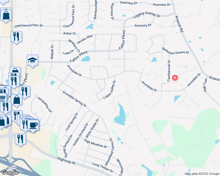 map of restaurants, bars, coffee shops, grocery stores, and more near 611 Logan Valley Drive in St. Peters