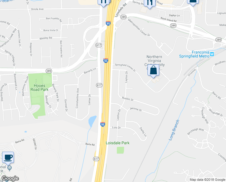 map of restaurants, bars, coffee shops, grocery stores, and more near 7123 Loisdale Road in Springfield