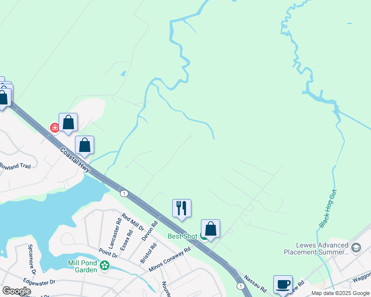 map of restaurants, bars, coffee shops, grocery stores, and more near 18 Greystone Drive in Lewes