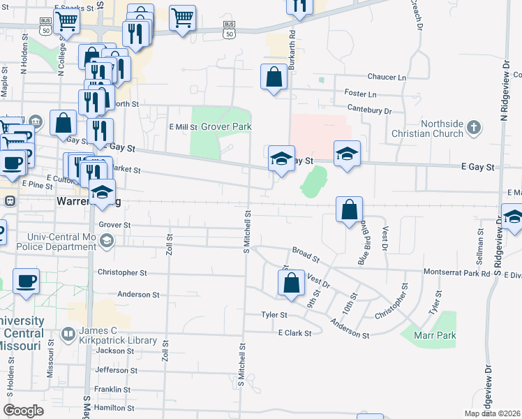 map of restaurants, bars, coffee shops, grocery stores, and more near 101 North Mitchell Street in Warrensburg