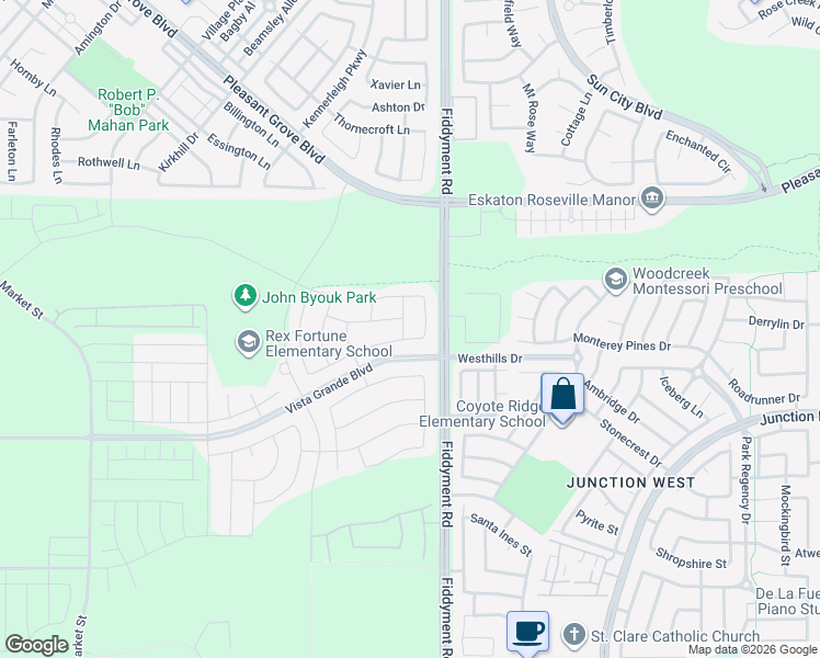 map of restaurants, bars, coffee shops, grocery stores, and more near Fiddyment Road in Roseville