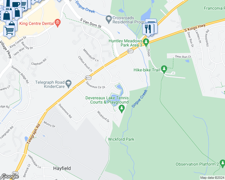 map of restaurants, bars, coffee shops, grocery stores, and more near 5301 Lake Cove Court in Alexandria