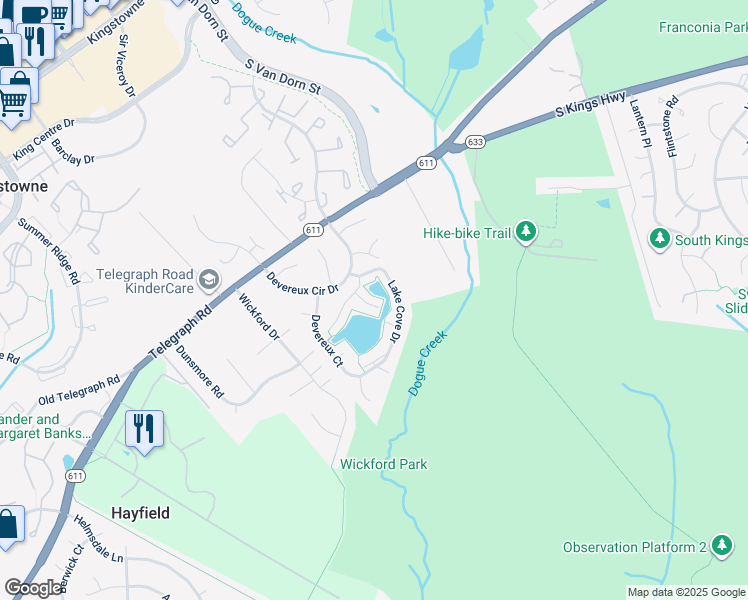map of restaurants, bars, coffee shops, grocery stores, and more near 7114 Captains Cove Court in Alexandria