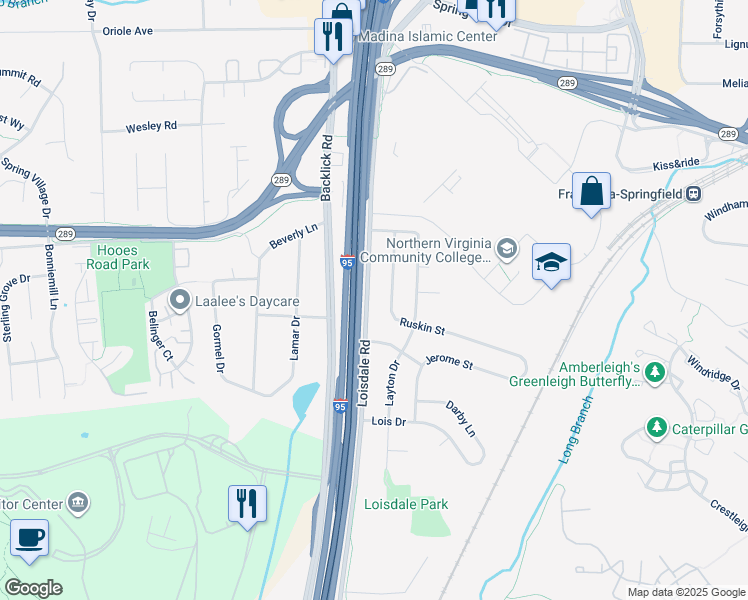 map of restaurants, bars, coffee shops, grocery stores, and more near 7123 Loisdale Road in Springfield