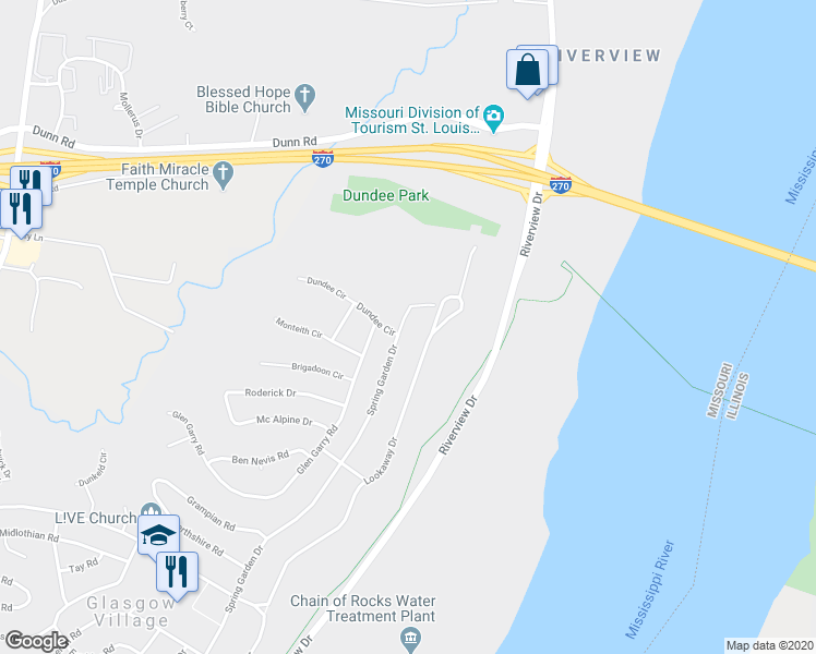 map of restaurants, bars, coffee shops, grocery stores, and more near 10844 Spring Garden Drive in St. Louis
