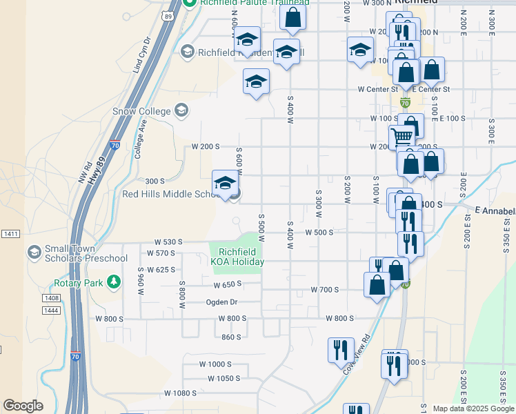 map of restaurants, bars, coffee shops, grocery stores, and more near 410 South 500 West in Richfield